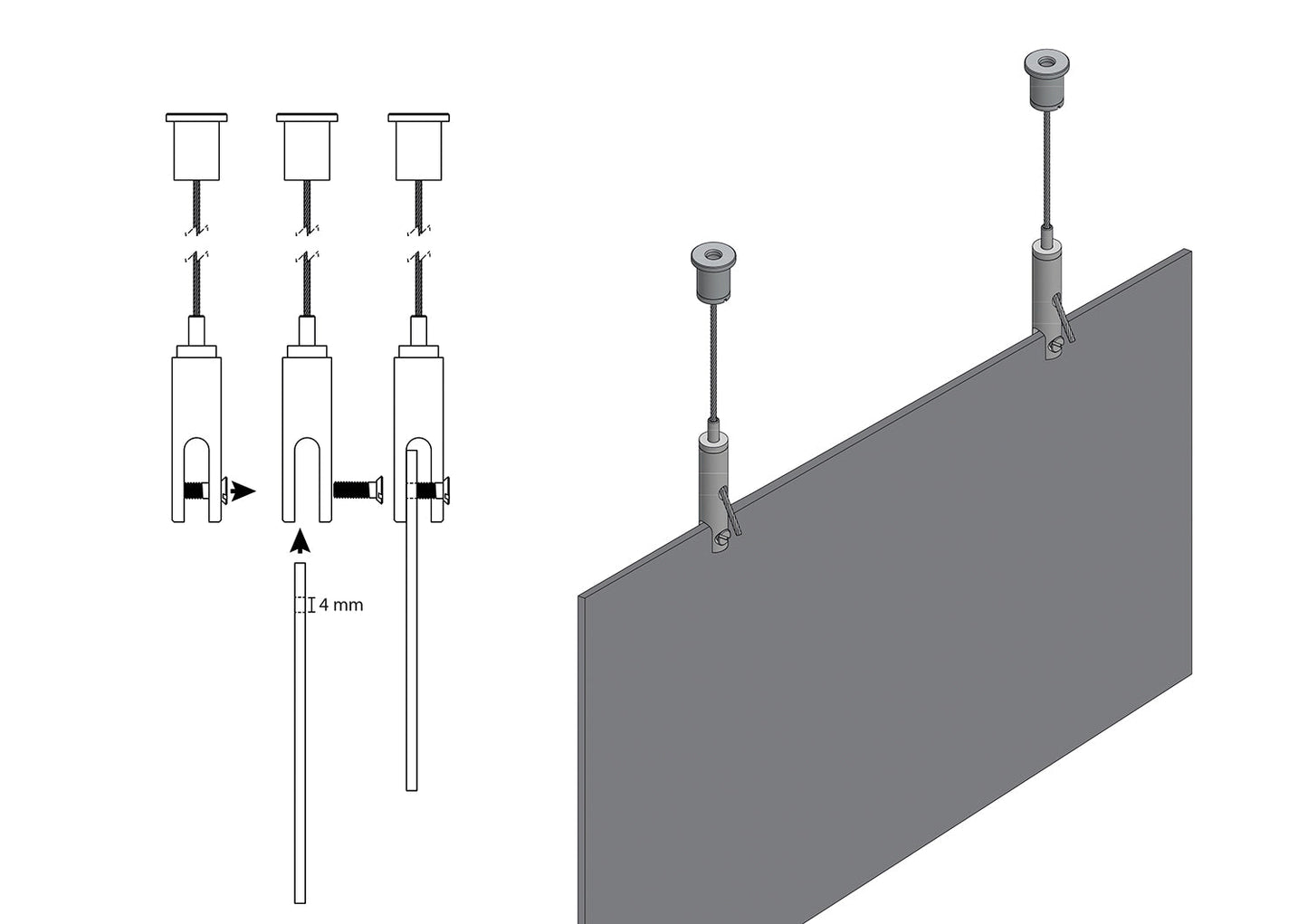 STAS-Aufhängeset mit Paneelhalterung (6 mm) und Deckenbefestigung